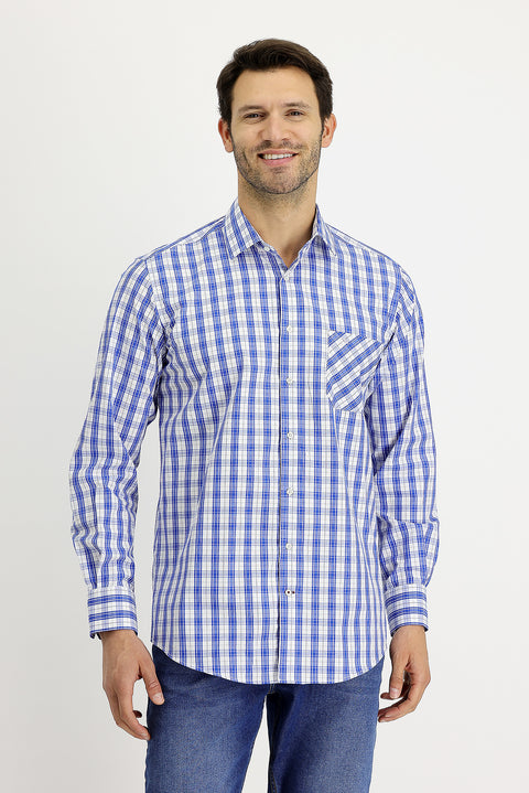 Navy Blue Long Sleeve Regular Fit Plaid Cotton Shirt