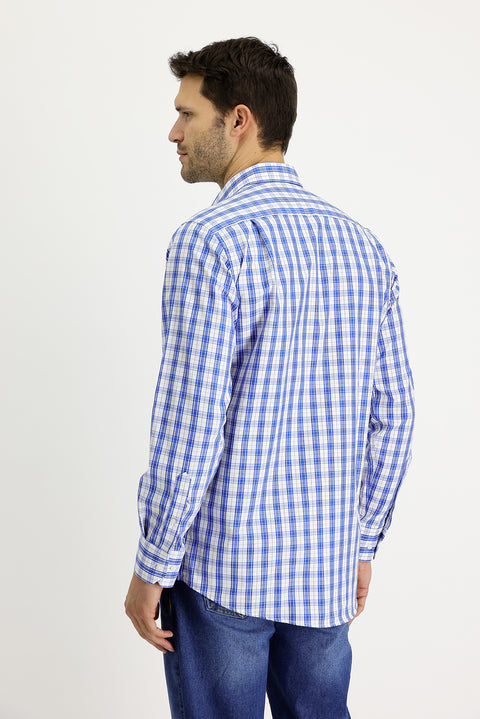 Navy Blue Long Sleeve Regular Fit Plaid Cotton Shirt
