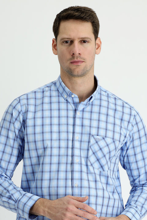 Light Blue Long Sleeve Regular Fit Plaid Shirt