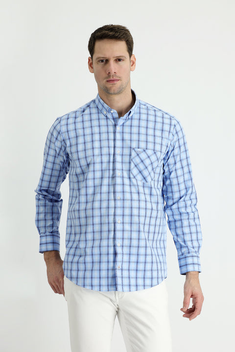 Light Blue Long Sleeve Regular Fit Plaid Shirt