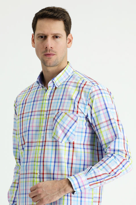 Light Blue Long Sleeve Regular Fit Plaid Cotton Shirt