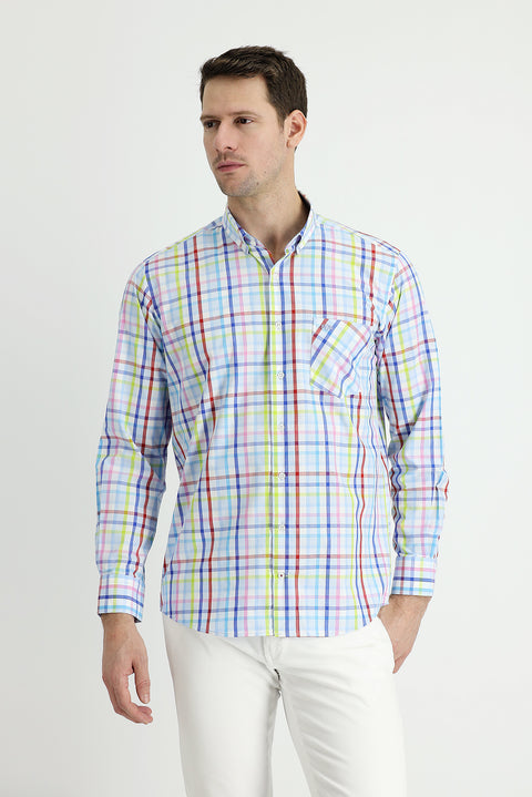 Light Blue Long Sleeve Regular Fit Plaid Cotton Shirt