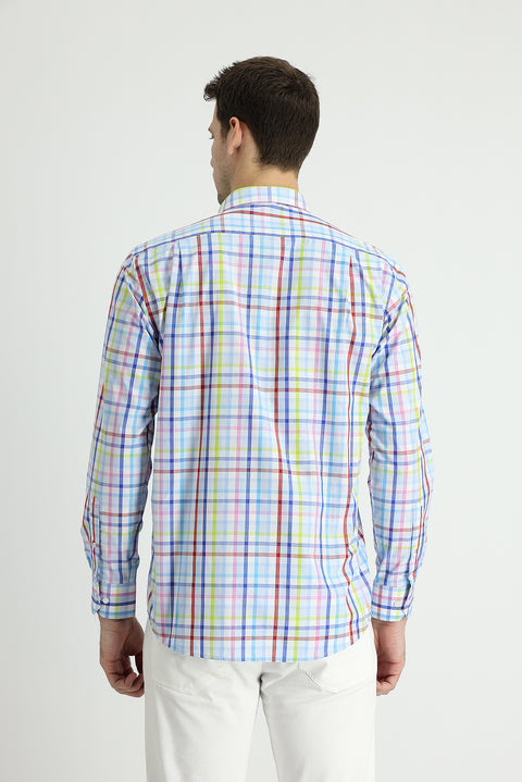 Light Blue Long Sleeve Regular Fit Plaid Cotton Shirt
