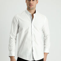 White Long Sleeve Slim Fit Narrow Cut Cotton Sports Shirt