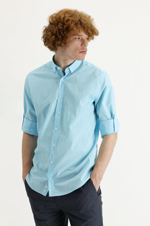 Medium Turquoise Long Sleeve Slim Fit Narrow Cut Cotton Shirt