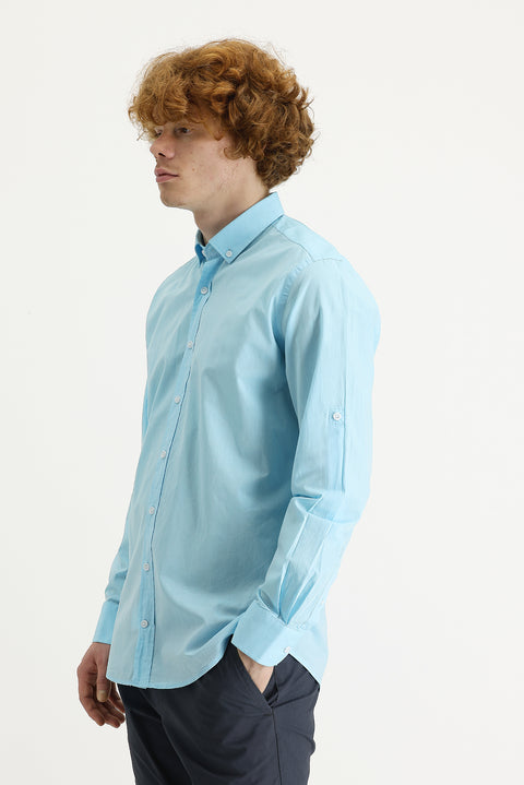 Medium Turquoise Long Sleeve Slim Fit Narrow Cut Cotton Shirt