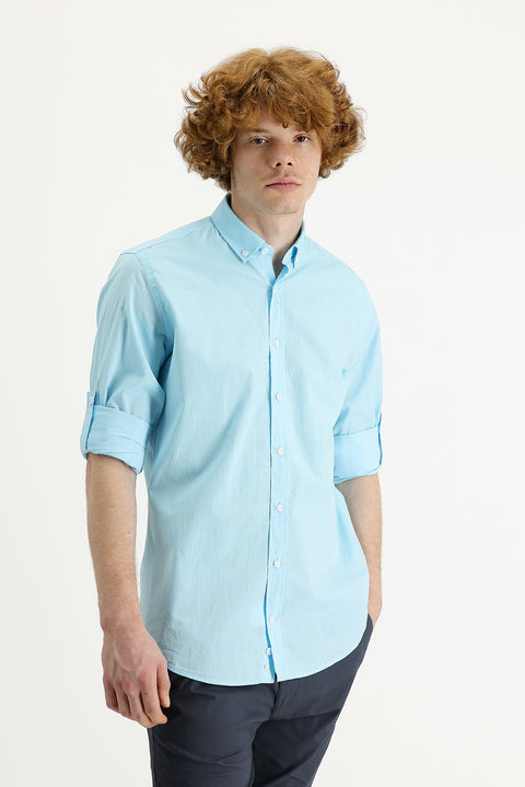 Medium Turquoise Long Sleeve Slim Fit Narrow Cut Cotton Shirt
