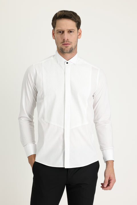 Beyaz Ata Yaka Slim Fit Dar Kesim Piliseli Pamuk Gömlek