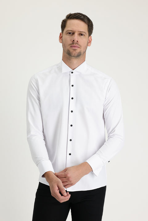 Beyaz Uzun Kol Ata Yaka Slim Fit Dar Kesim Pamuklu Kolay Ütülenebilir Gömlek