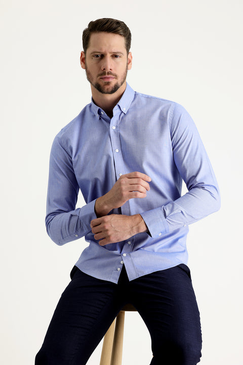 Light Navy Blue Long Sleeve Slim Fit Narrow Cut Oxford Cotton Button-Down Collar Shirt