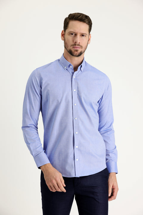 Light Navy Blue Long Sleeve Slim Fit Narrow Cut Oxford Cotton Button-Down Collar Shirt