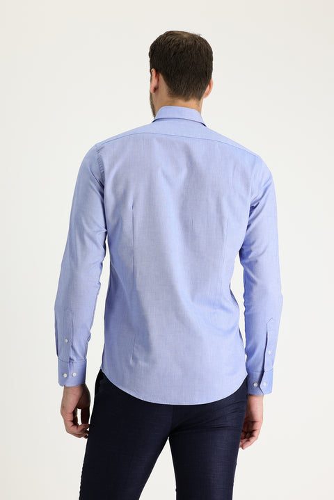 Light Navy Blue Long Sleeve Slim Fit Narrow Cut Oxford Cotton Button-Down Collar Shirt