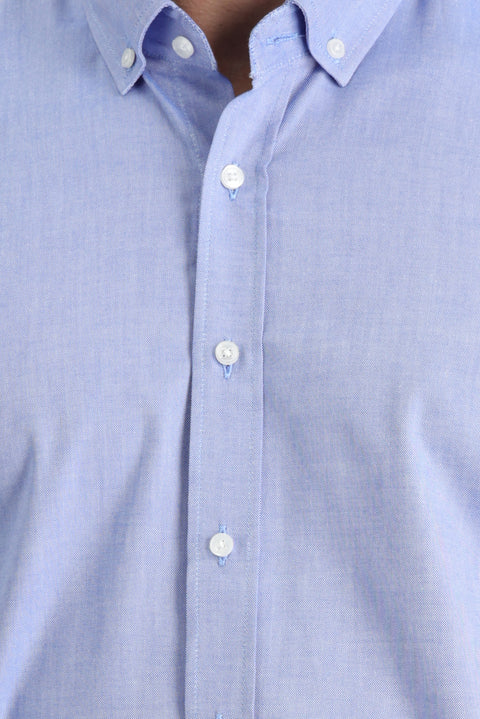 Light Navy Blue Long Sleeve Slim Fit Narrow Cut Oxford Cotton Button-Down Collar Shirt