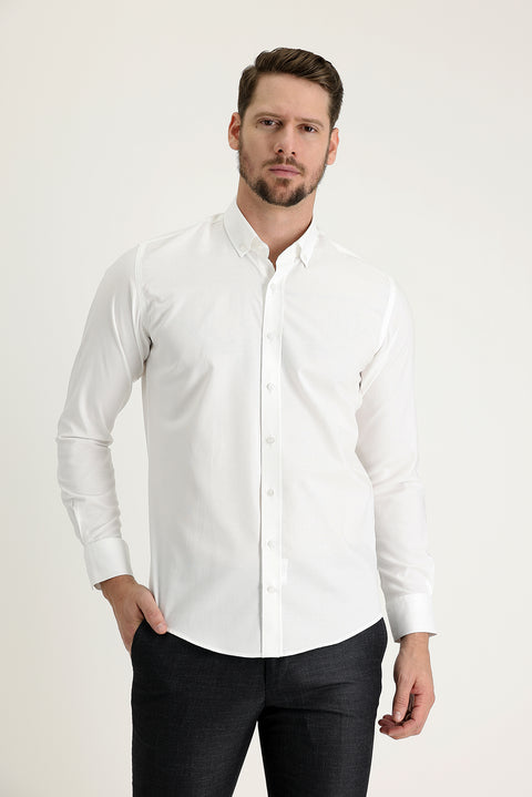White Long Sleeve Slim Fit Narrow Cut Oxford Cotton Button-Down Collar Shirt