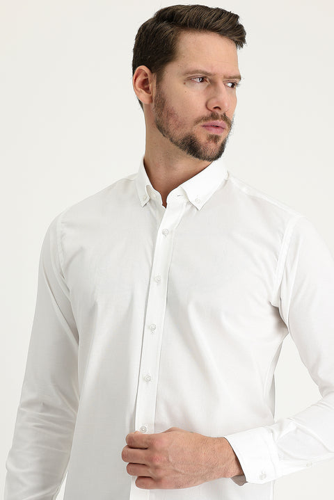 White Long Sleeve Slim Fit Narrow Cut Oxford Cotton Button-Down Collar Shirt