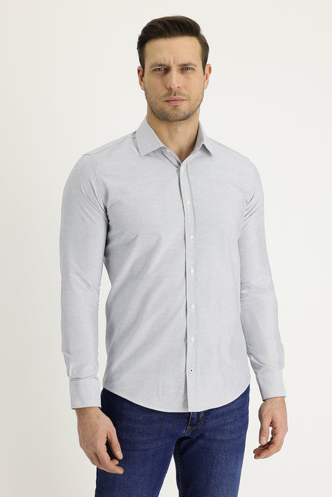 Light Grey Long Sleeve Slim Fit Narrow Cut Classic Patterned Cotton Easy Iron Shirt