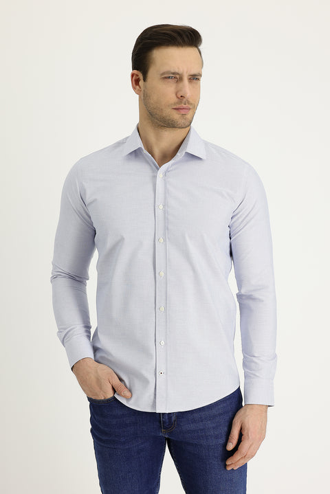 Light Blue Long Sleeve Slim Fit Narrow Cut Classic Patterned Cotton Easy Iron Shirt