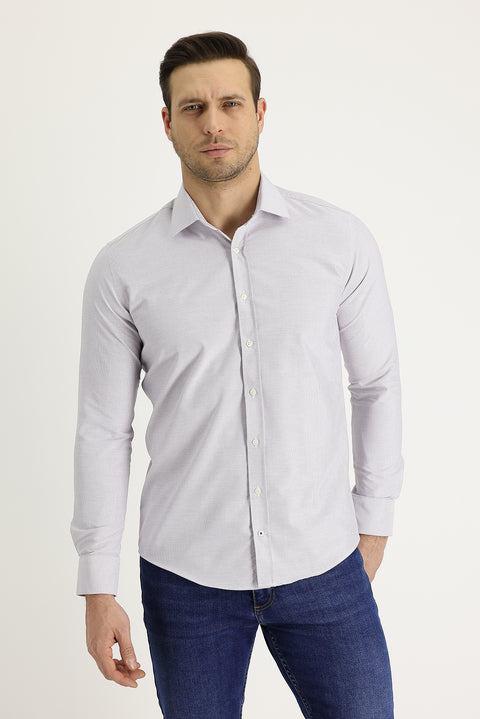 Medium Beige Long Sleeve Slim Fit Narrow Cut Classic Patterned Cotton Easy Iron Shirt