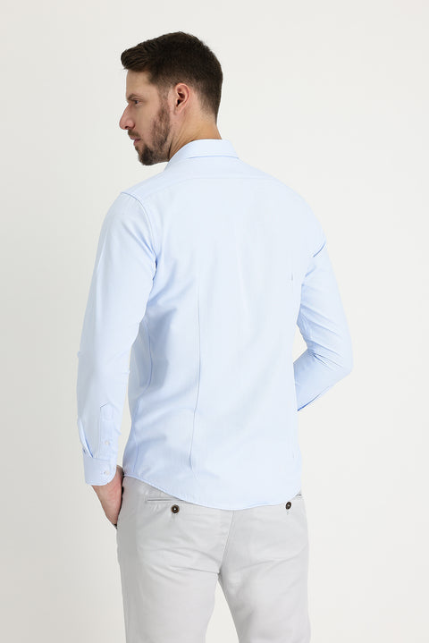 Light Blue Long Sleeve Slim Fit Narrow Cut Classic Patterned Cotton Easy-Iron Shirt