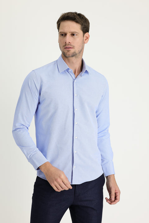 Blue Long Sleeve Slim Fit Narrow Cut Classic Patterned Cotton Easy Iron Shirt