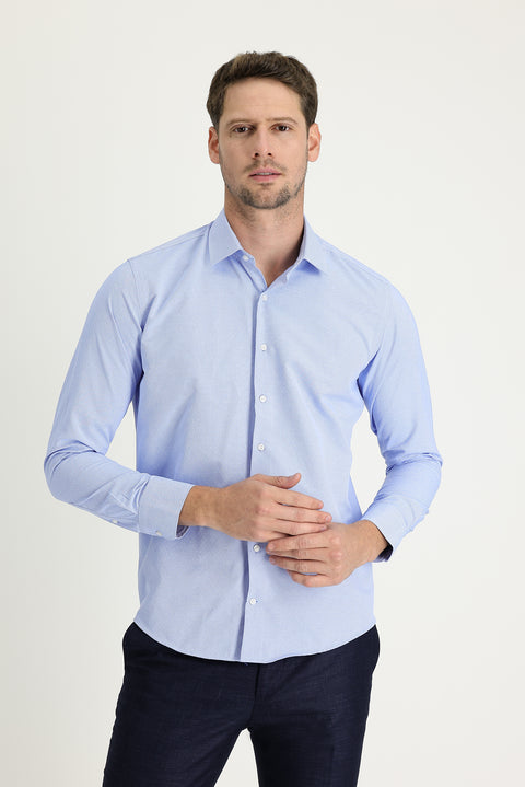 Blue Long Sleeve Slim Fit Narrow Cut Classic Patterned Cotton Easy Iron Shirt