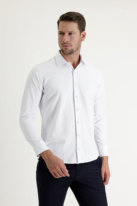 White Long Sleeve Slim Fit Narrow Cut Classic Patterned Cotton Easy Iron Shirt