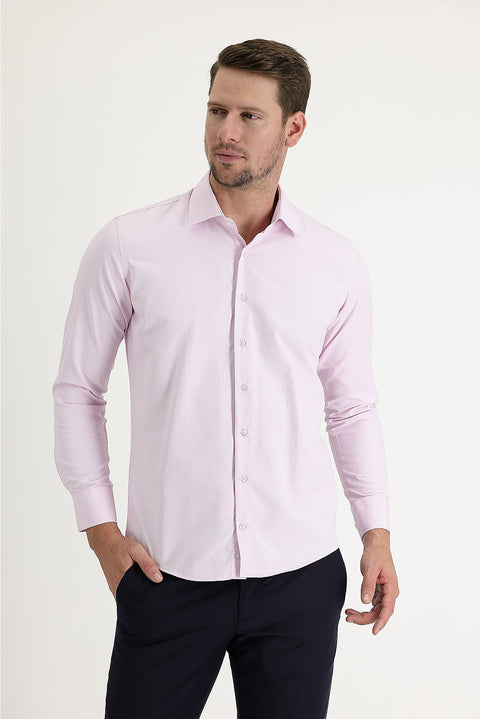 Dusty Pink Long Sleeve Slim Fit Narrow Cut Classic Patterned Cotton Easy-Iron Shirt