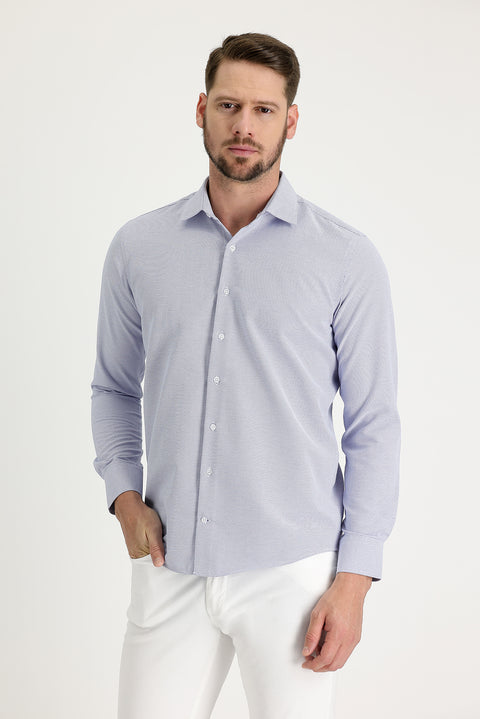 Light Navy Blue Long Sleeve Slim Fit Narrow Cut Classic Patterned Cotton Easy-Iron Shirt
