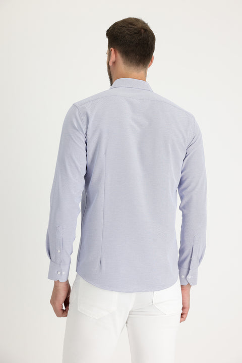 Light Navy Blue Long Sleeve Slim Fit Narrow Cut Classic Patterned Cotton Easy-Iron Shirt