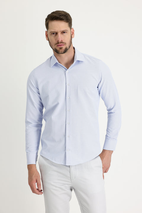 Light Blue Long Sleeve Slim Fit Narrow Cut Classic Patterned Cotton Easy-Iron Shirt