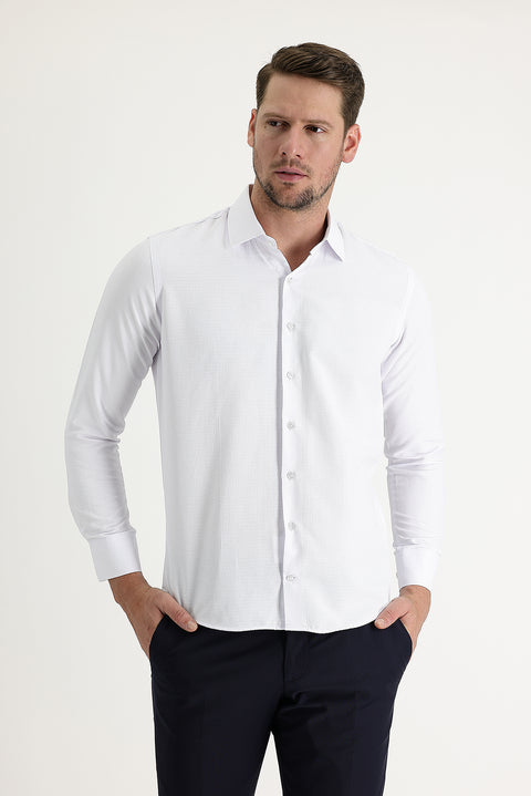 White Long Sleeve Slim Fit Narrow Cut Classic Patterned Cotton Easy Iron Shirt
