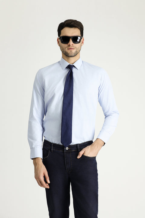 Light Blue Long Sleeve Slim Fit Narrow Cut Classic Patterned Cotton Shirt
