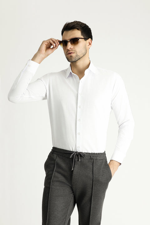 White Long Sleeve Slim Fit Narrow Cut Classic Patterned Cotton Shirt