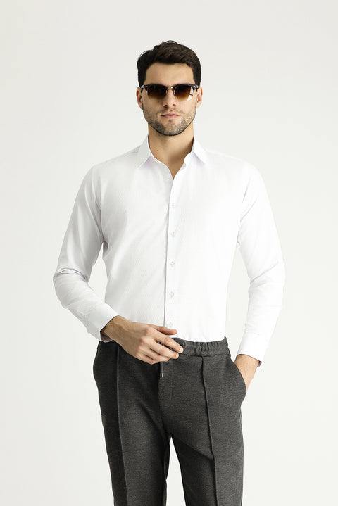 White Long Sleeve Slim Fit Narrow Cut Classic Patterned Cotton Shirt
