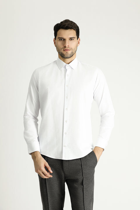 White Long Sleeve Slim Fit Narrow Cut Classic Patterned Cotton Shirt