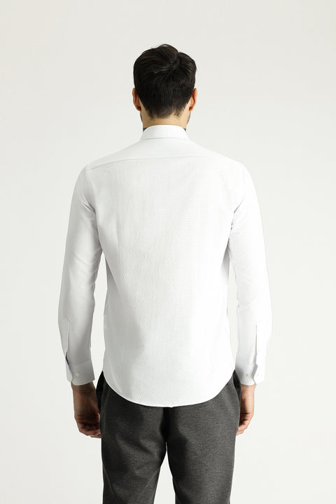 White Long Sleeve Slim Fit Narrow Cut Classic Patterned Cotton Shirt
