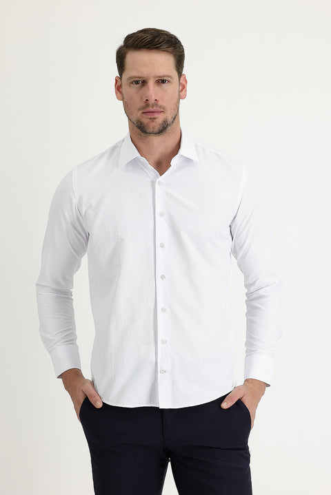 White Long Sleeve Slim Fit Narrow Cut Classic Patterned Cotton Easy Iron Shirt