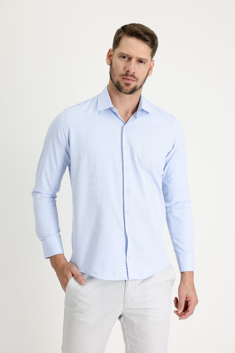 Light Blue Long Sleeve Slim Fit Narrow Cut Classic Patterned Cotton Easy-Iron Shirt