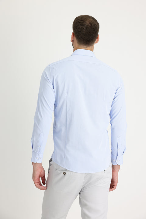 Light Blue Long Sleeve Slim Fit Narrow Cut Classic Patterned Cotton Easy-Iron Shirt