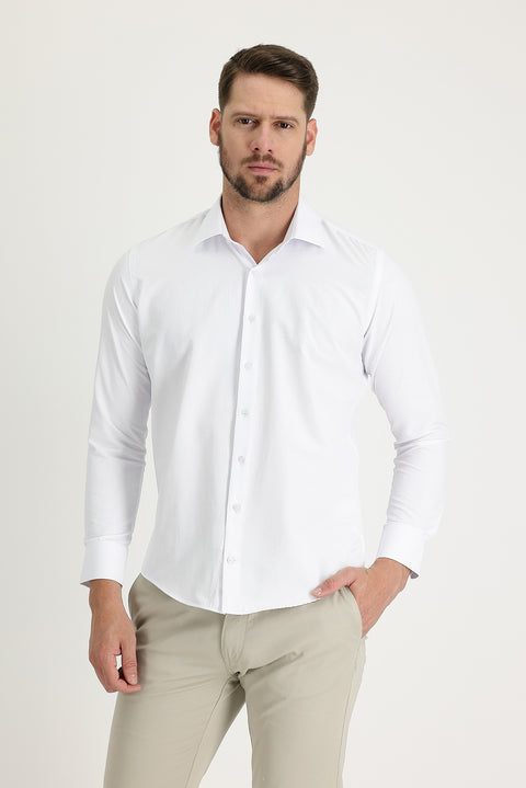 White Long Sleeve Slim Fit Narrow Cut Classic Patterned Cotton Easy Iron Shirt