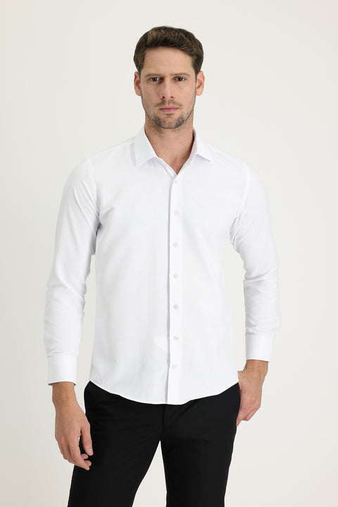 White Long Sleeve Slim Fit Narrow Cut Classic Patterned Cotton Easy Iron Shirt