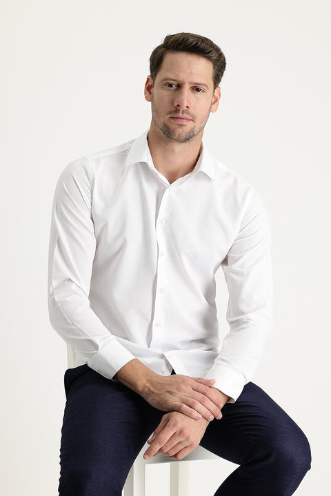 White Long Sleeve Slim Fit Narrow Cut Classic Patterned Cotton Easy Iron Shirt
