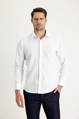  Beyaz Uzun Kol Slim Fit Dar Kesim Klasik Desenli Pamuklu Kolay Ütülenebilir Gömlek