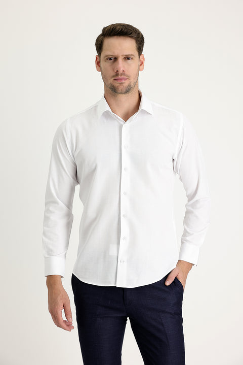 White Long Sleeve Slim Fit Narrow Cut Classic Patterned Cotton Easy Iron Shirt