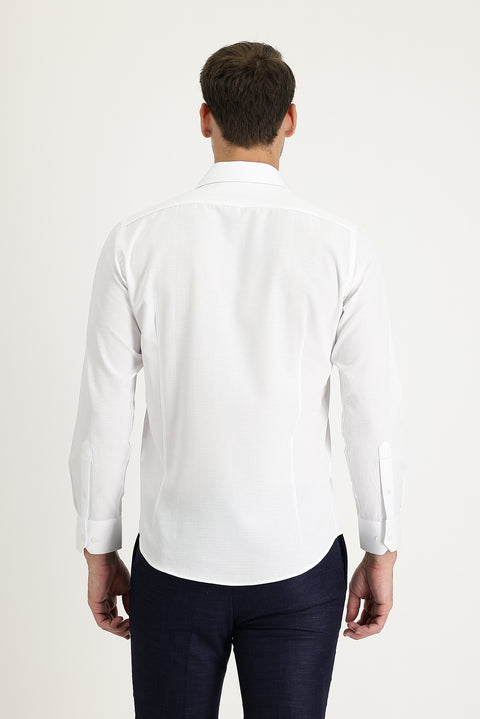 White Long Sleeve Slim Fit Narrow Cut Classic Patterned Cotton Easy Iron Shirt