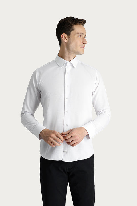 White Long Sleeve Slim Fit Narrow Cut Patterned Classic Cotton Easy Iron Shirt