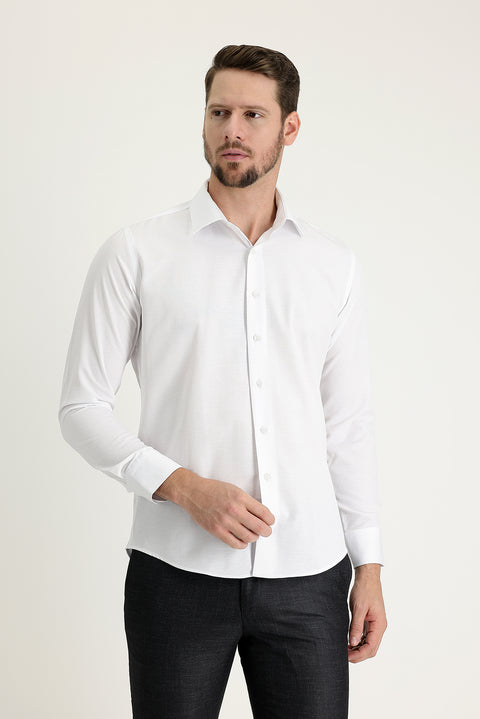 White Long Sleeve Slim Fit Narrow Cut Classic Patterned Cotton Easy Iron Shirt