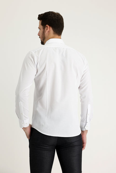 White Long Sleeve Slim Fit Narrow Cut Classic Patterned Cotton Easy Iron Shirt