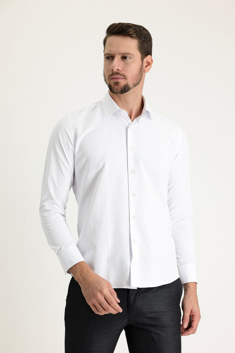 White Long Sleeve Slim Fit Narrow Cut Classic Patterned Cotton Easy Iron Shirt