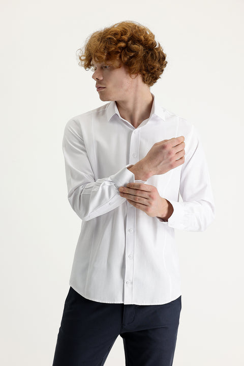 White Long Sleeve Slim Fit Patterned Cotton Shirt, Easy Iron